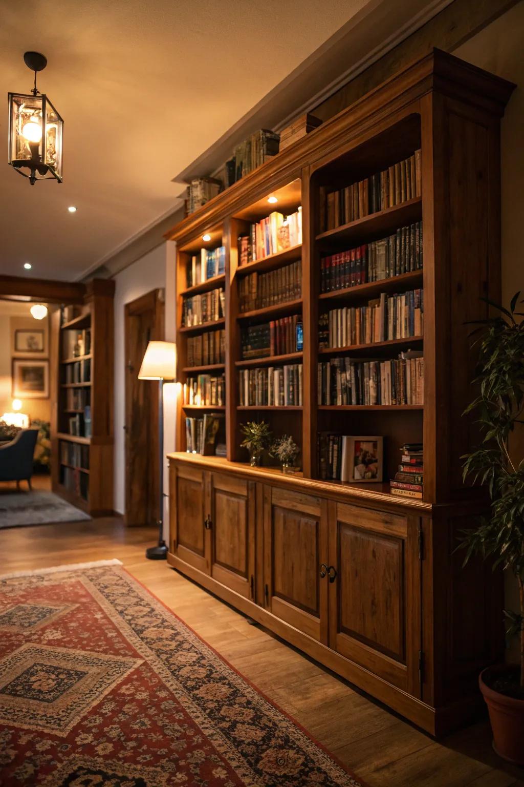 A grand bookshelf becomes the heart of the dark academia living room.