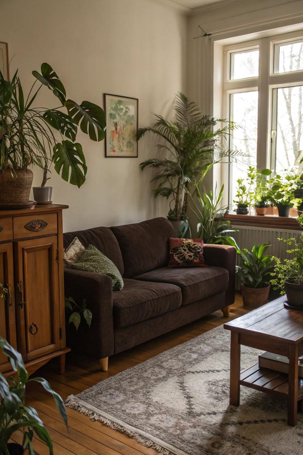 Natural elements complement the warm tones of a dark brown couch.