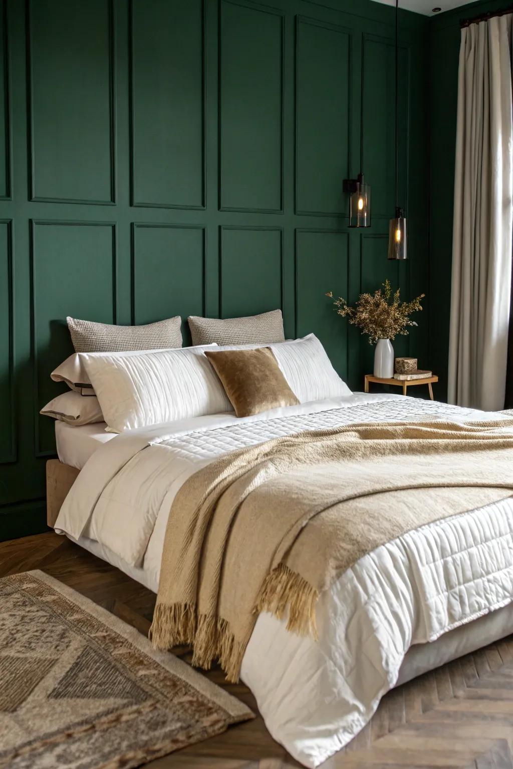 A dark green bedroom featuring layered bedding in white and beige tones.