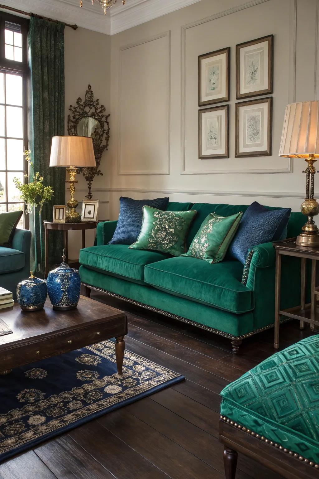 Jewel tones bring a sophisticated edge to this living room with dark wood floors.