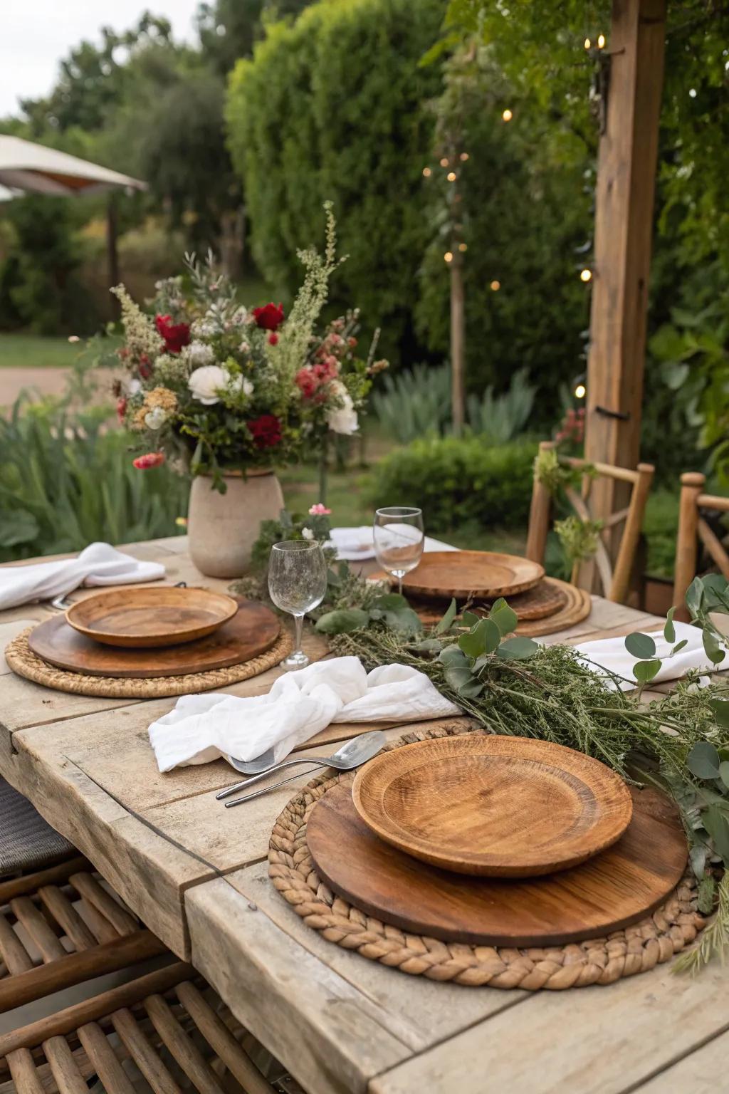 Rustic wooden charger plates perfect for a cozy outdoor meal.