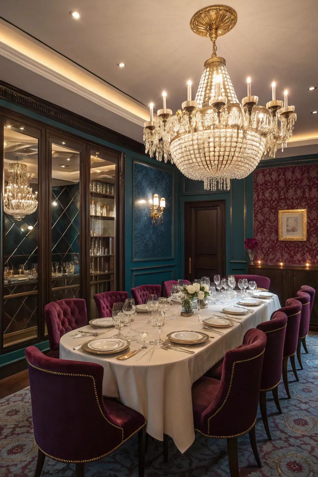 A luxurious dining room enhanced by rich jewel tones.