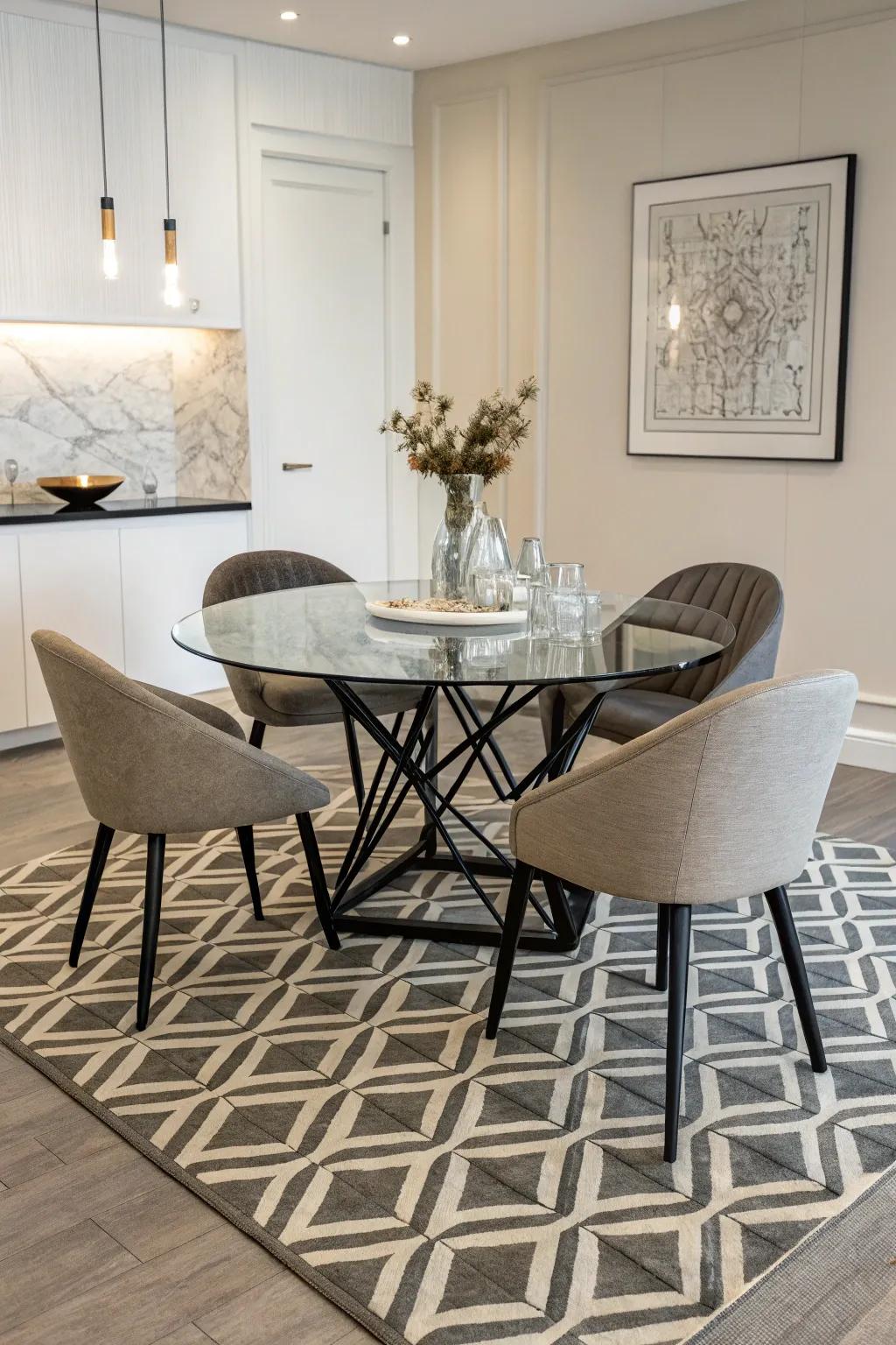 Geometric patterns adding a bold statement to the dining room.