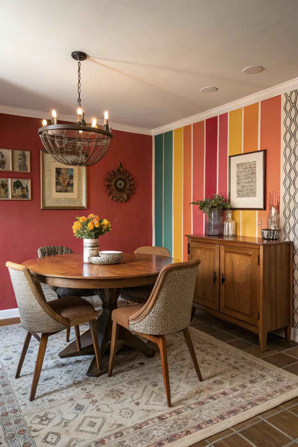 A bold accent wall adds drama and style to the dining room.