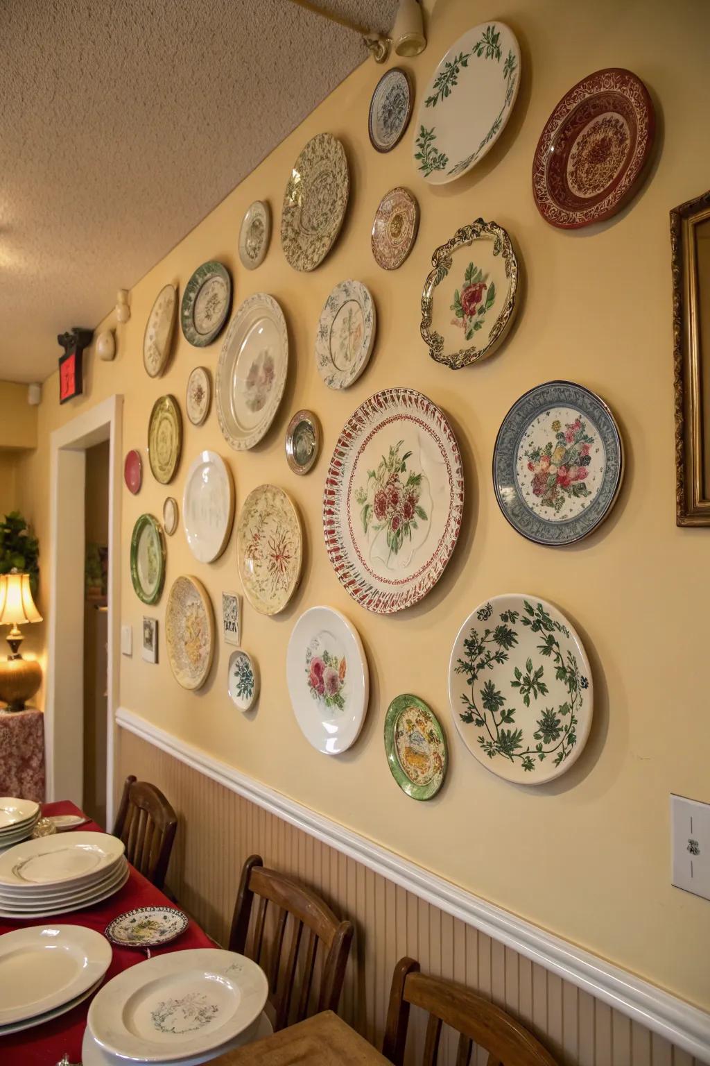 Vintage plates bring a timeless charm to any wall.