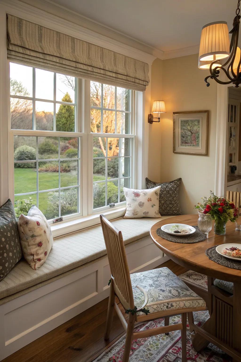 Window seating offers a cozy spot for relaxation and conversation.