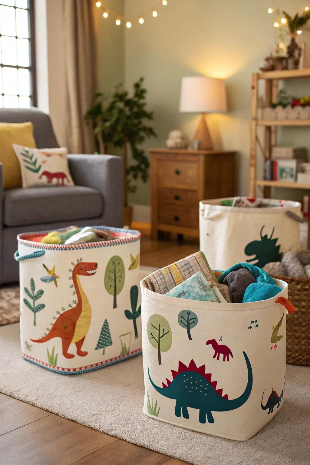 Dinosaur-themed baskets that blend style with storage.