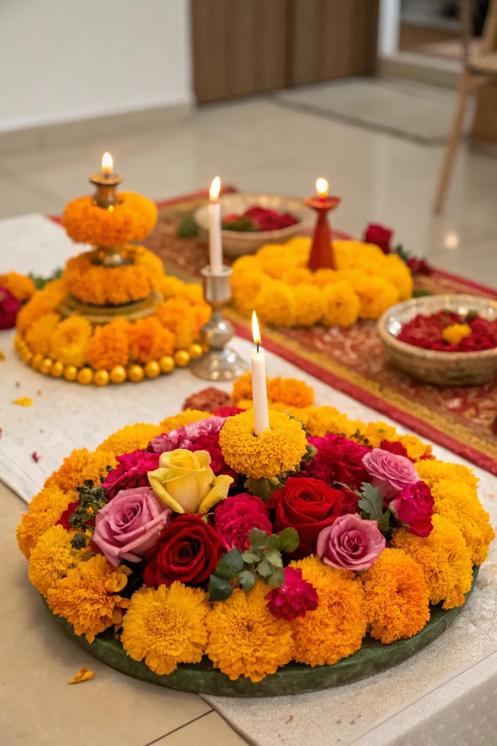 Floral arrangements of marigolds and roses add elegance to the Diwali table.