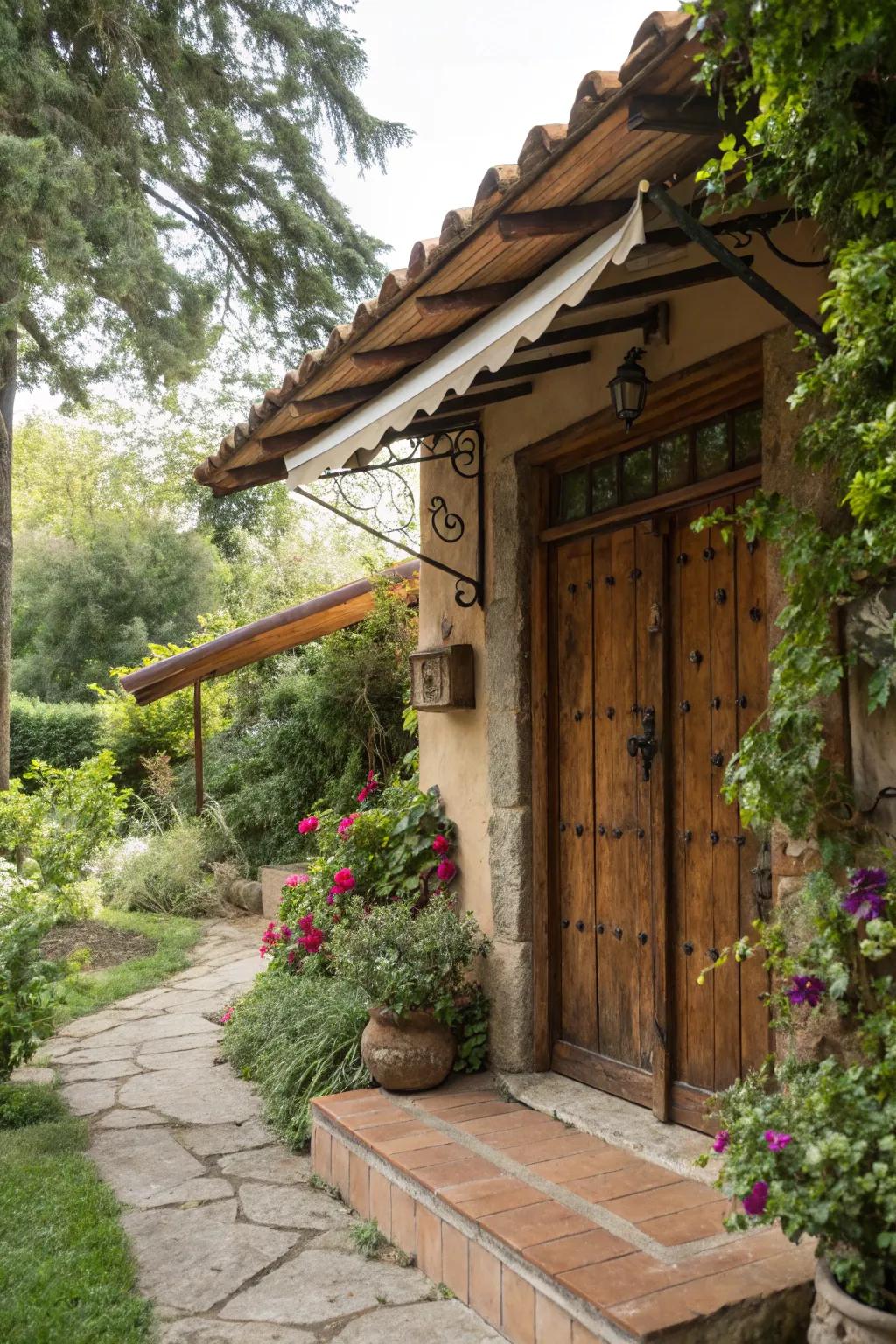 A rustic wooden awning that adds charm and warmth to any entrance.