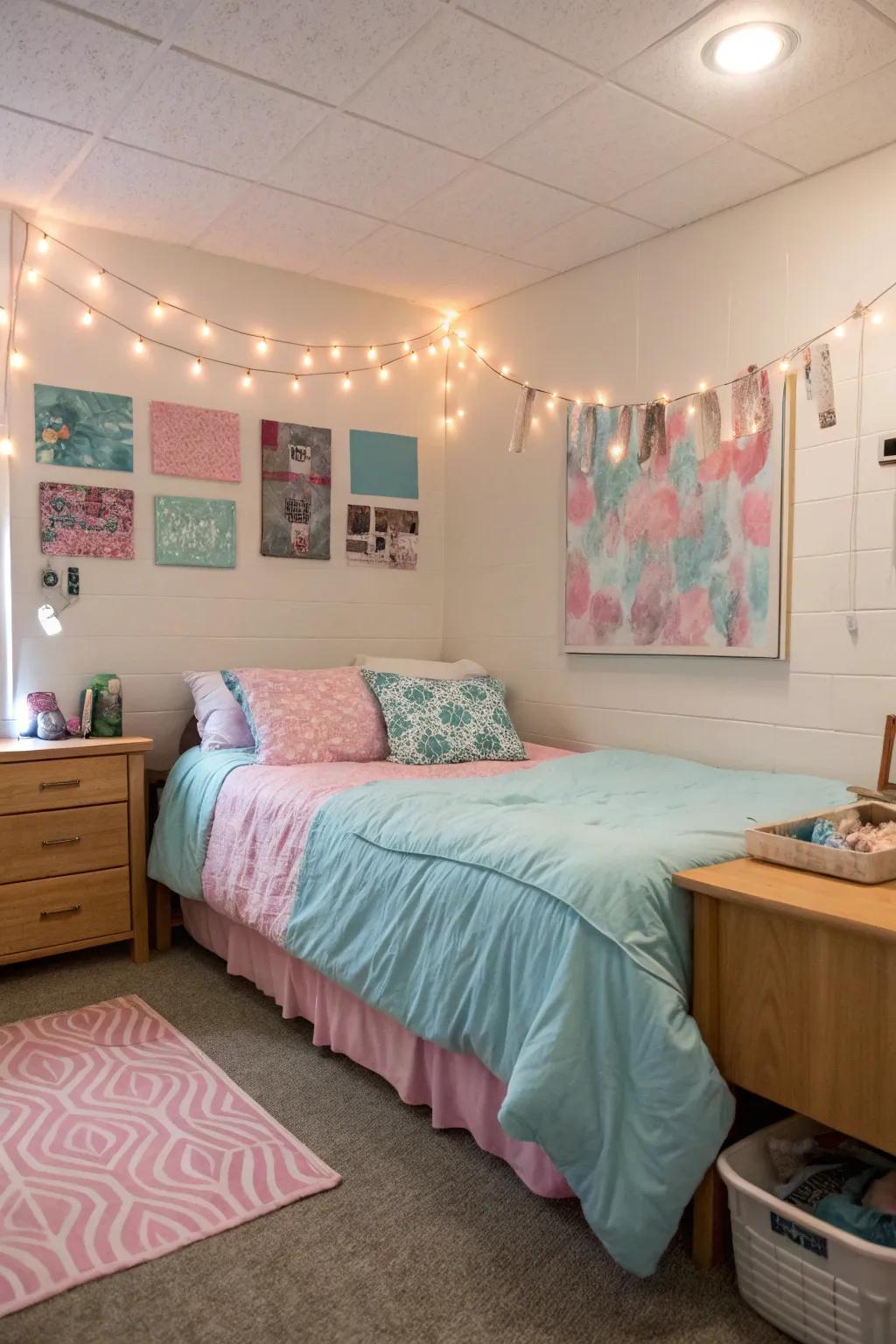 Pastels create a dreamy and calming dorm room ambiance.