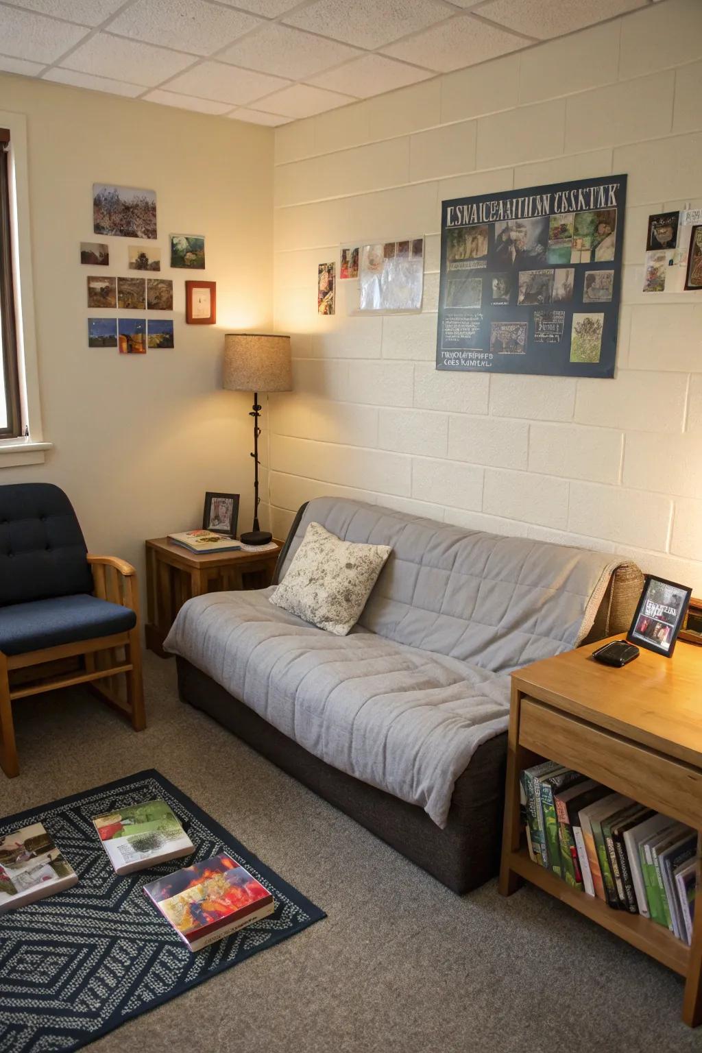 A cozy lounging area in a dorm room, perfect for relaxation and socializing.