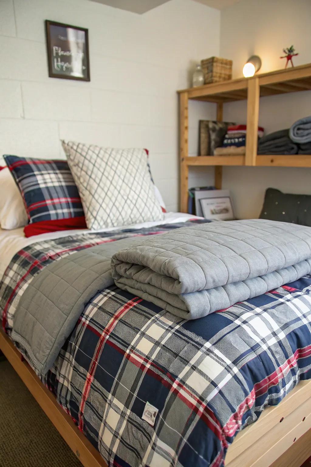 Layered bedding adds comfort and style to your dorm room.