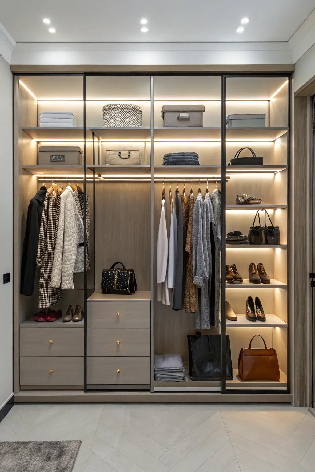 Strategic lighting transforms a double closet into a bright and inviting space.