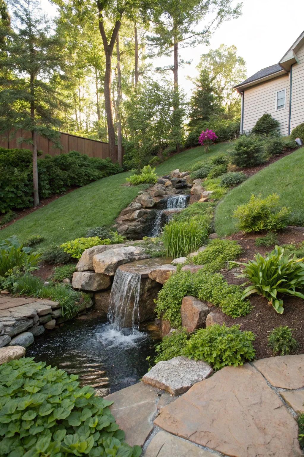 A cascading waterfall adds tranquility and beauty to any sloped backyard.