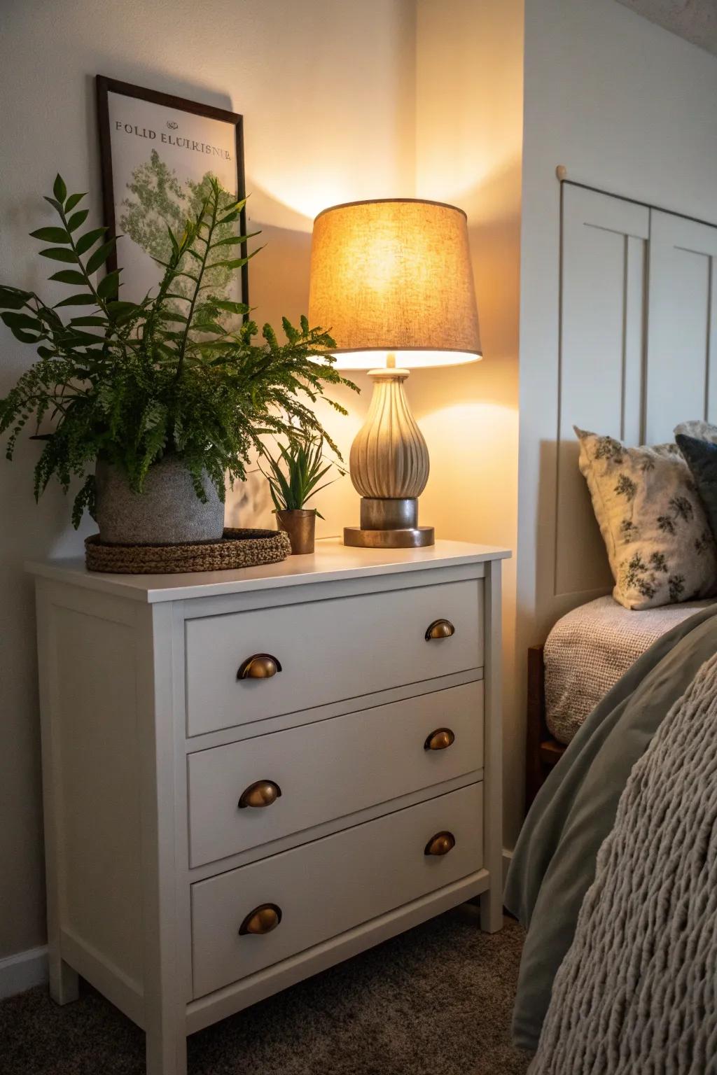 A small dresser adorned with a lamp and plant, enhancing functionality and style.