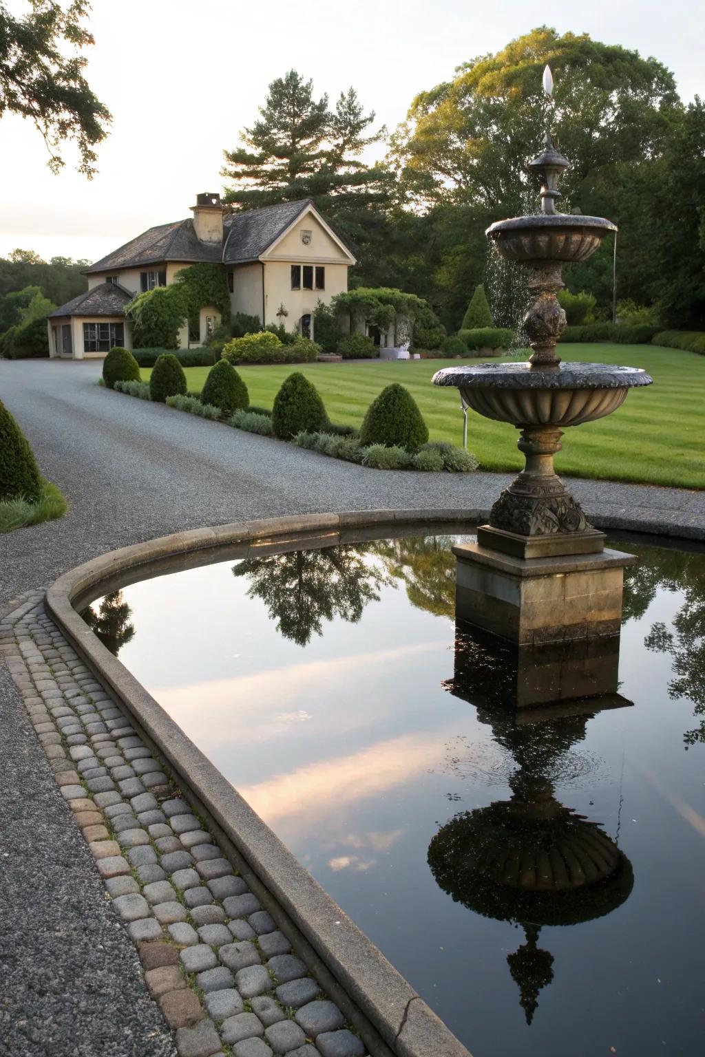 A reflecting pool fountain creating a serene ambiance.