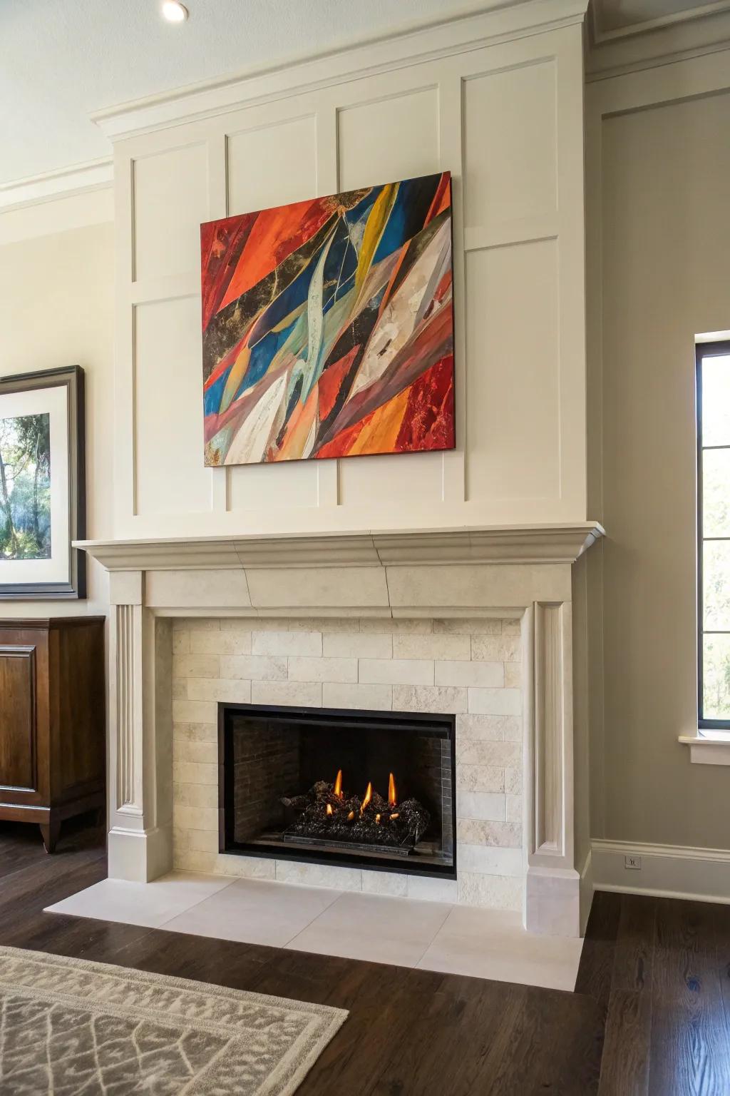 Art above a drywall fireplace creates a striking focal point.