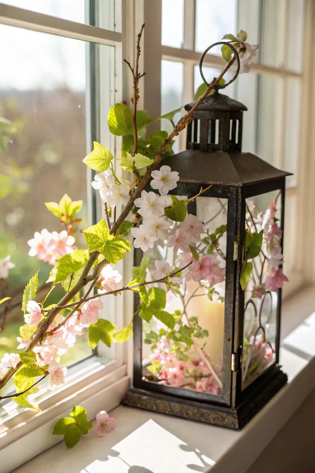 Spring comes alive with blossoms in a lantern.