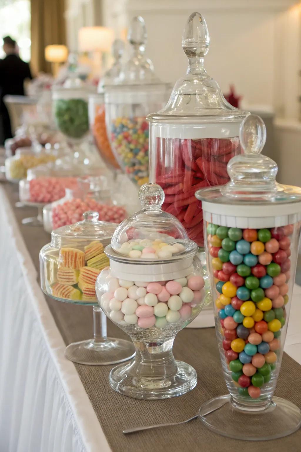 Clear containers showcasing colorful candies beautifully.