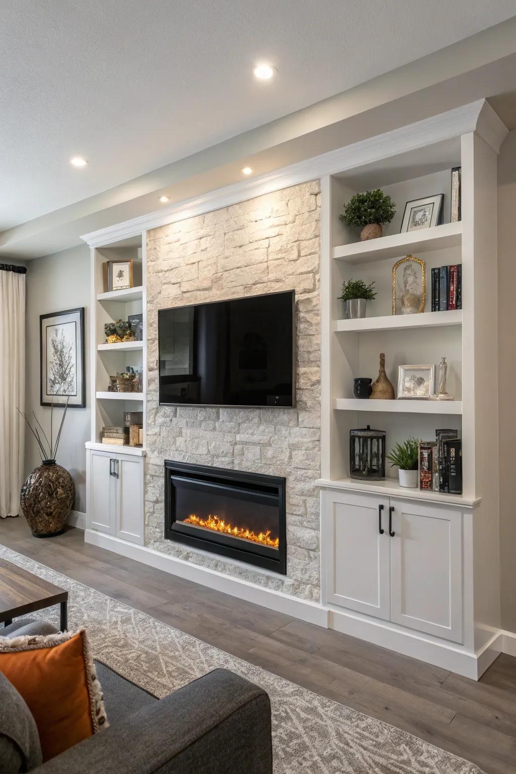 A built-in electric fireplace seamlessly integrates into a chic living room.