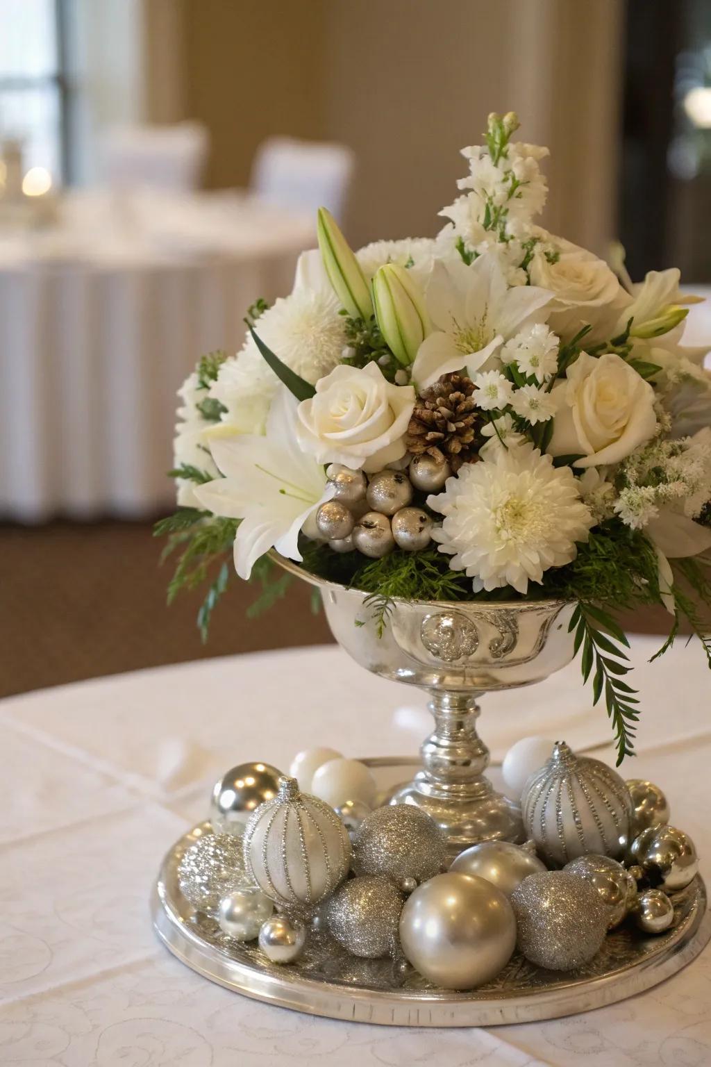 Ornamental centerpiece with flowers and metallic accents