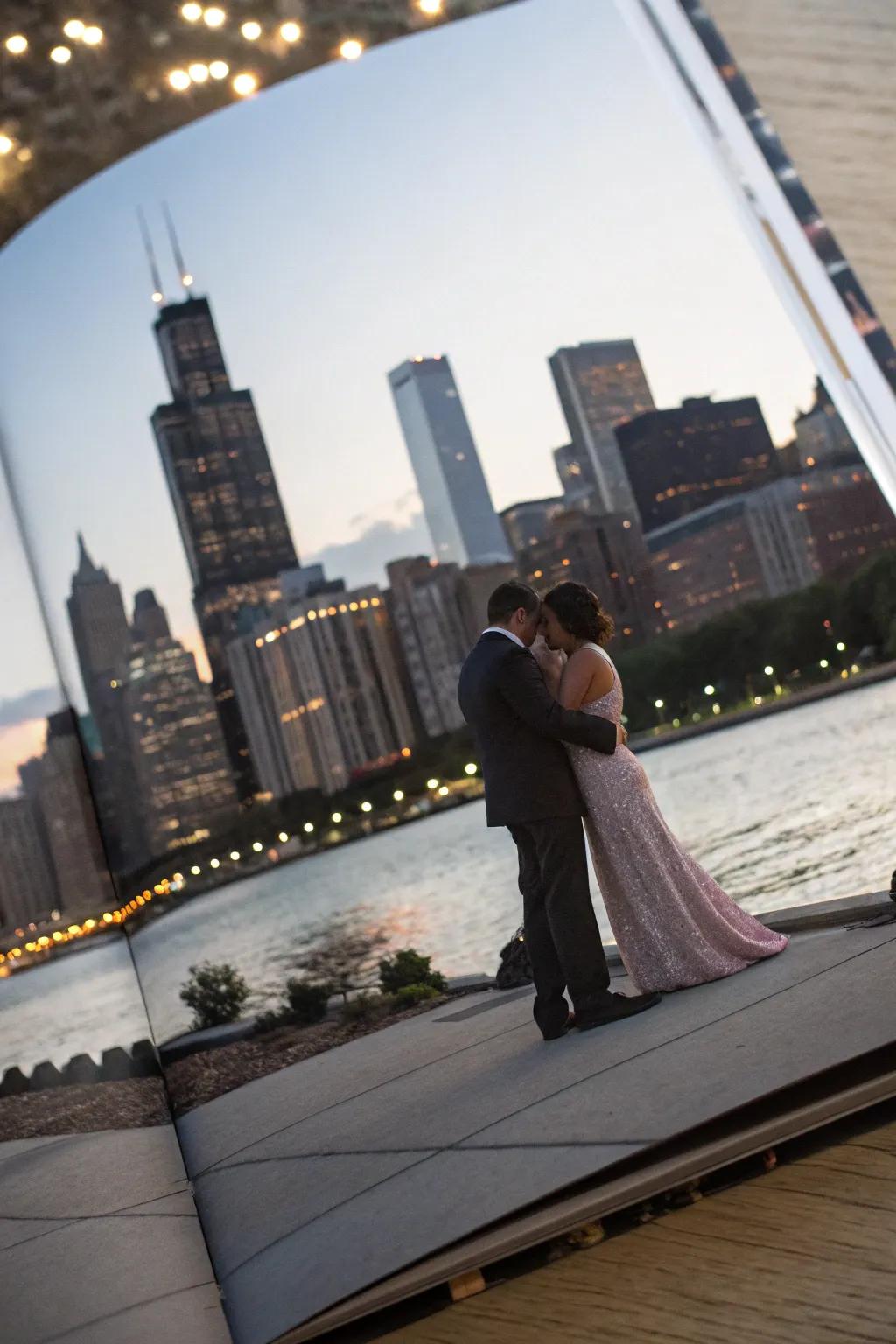 A chic urban engagement moment captured against a city skyline.