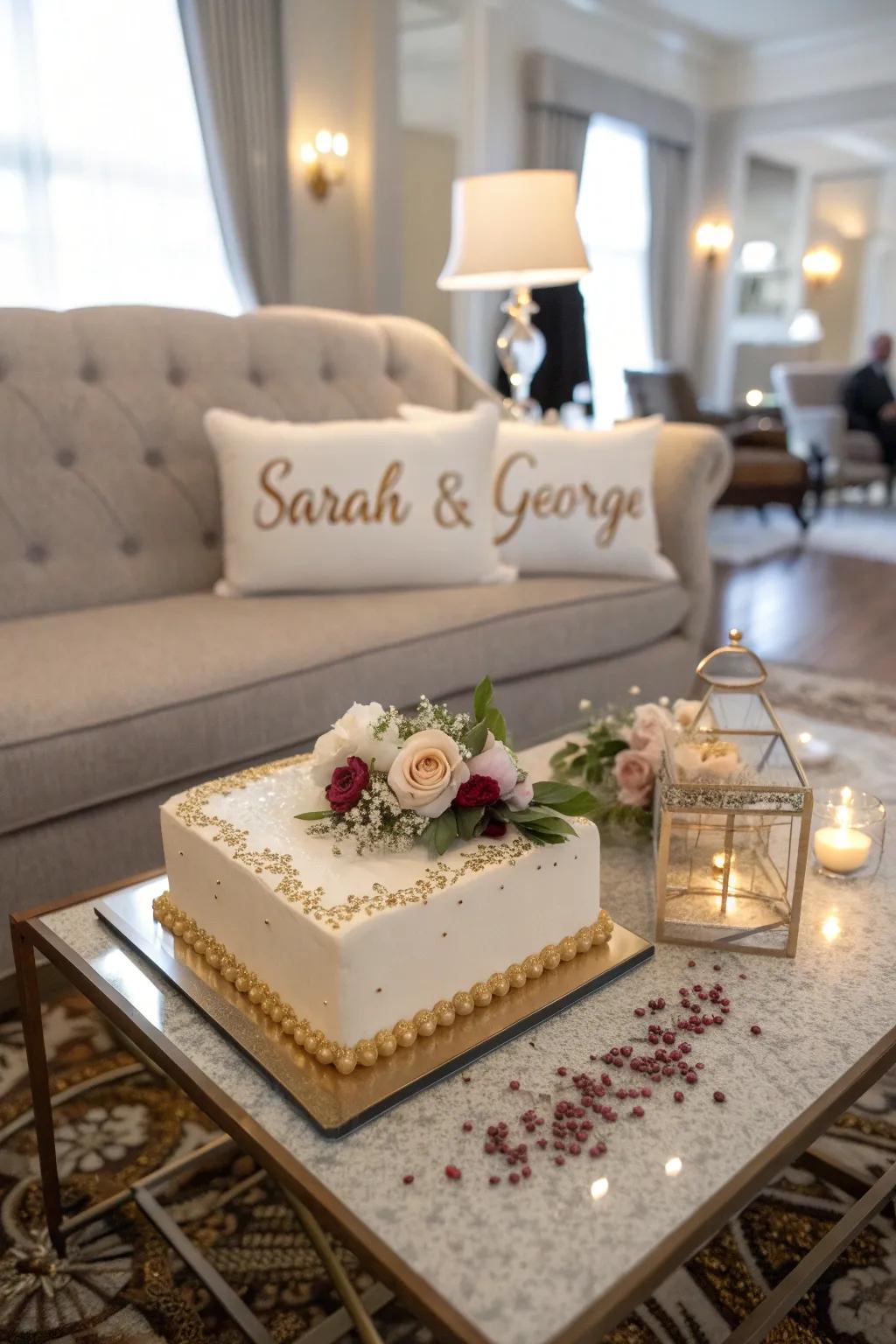 A personalized engagement sheet cake with the couple's names.