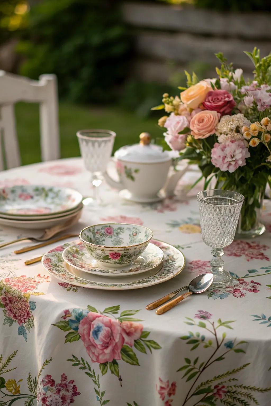 Vintage-inspired table settings elevate the tea garden experience.