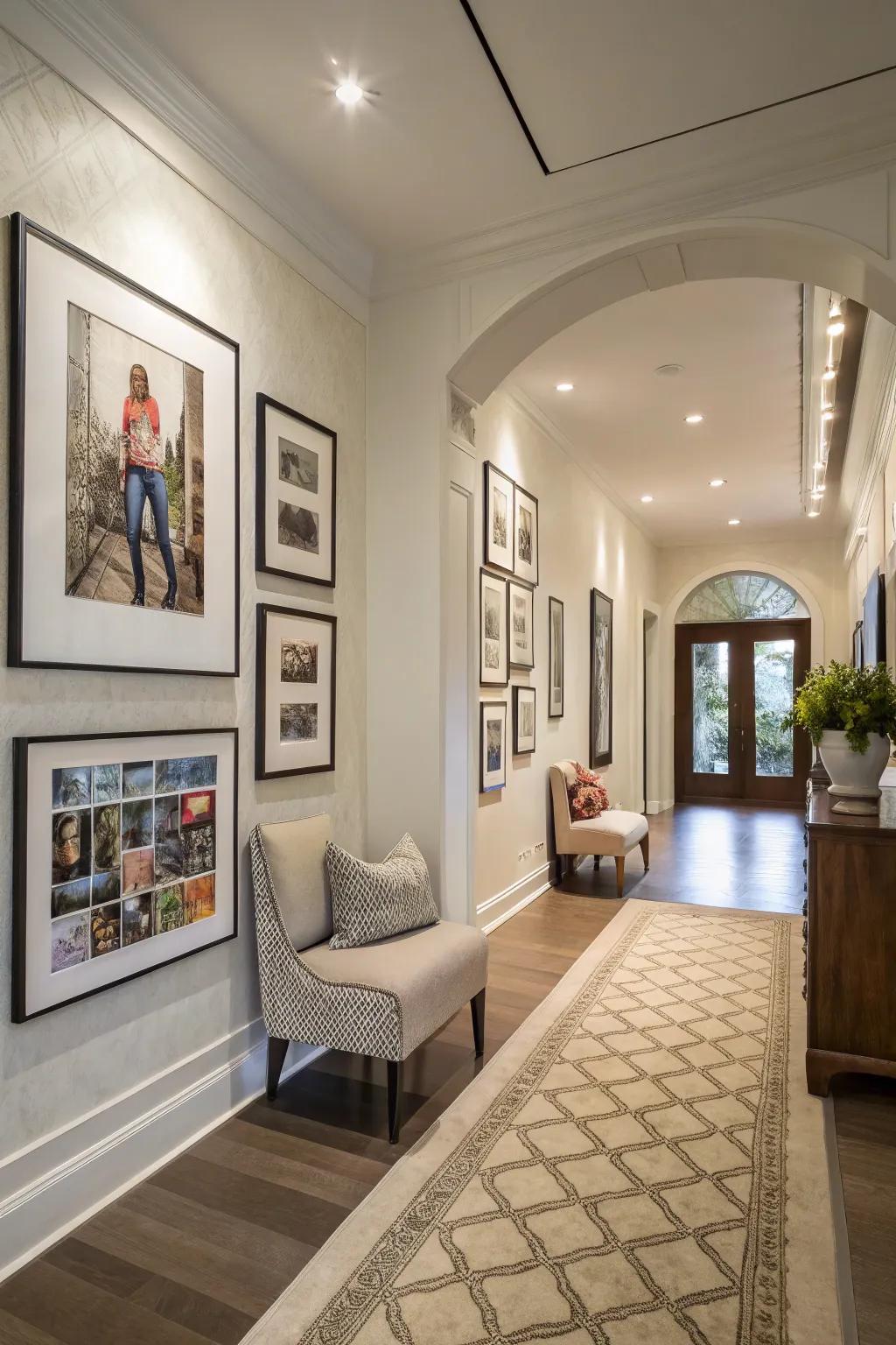 Gallery walls personalize and warm up entry hallways.