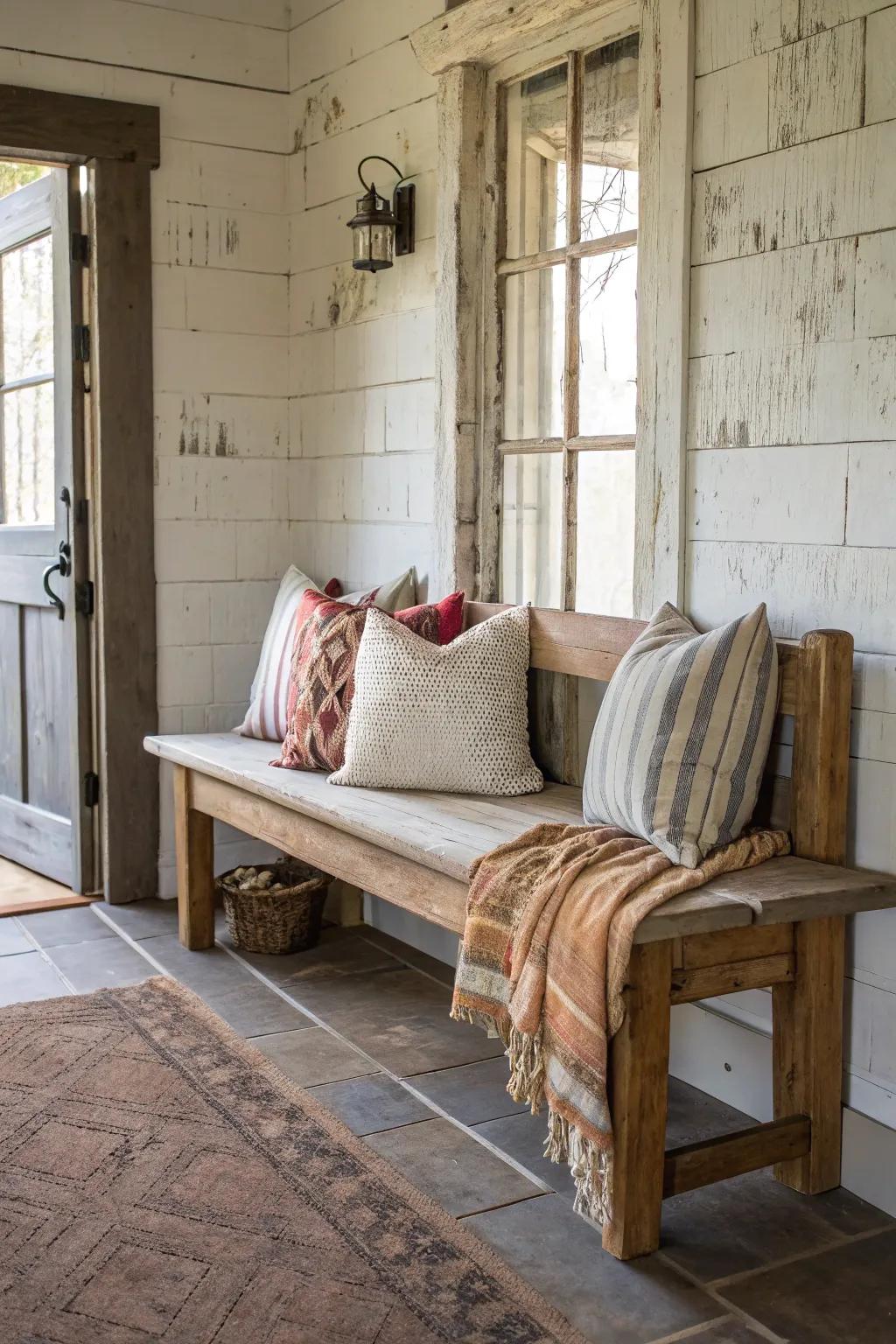 A rustic farmhouse-style bench adds charm to this welcoming entryway.