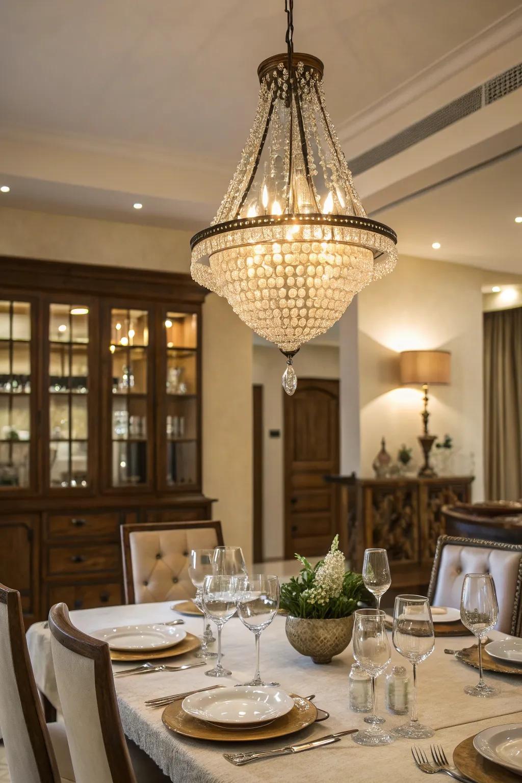 A chandelier adds elegance and focus to the dining area.