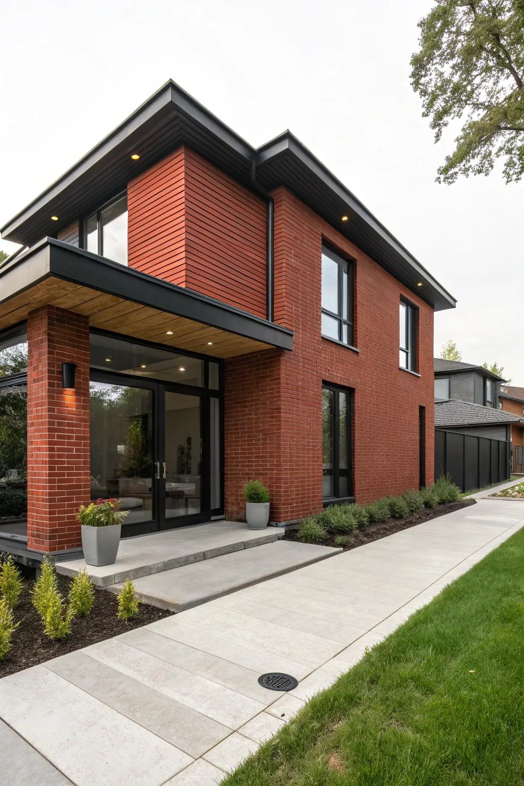 Bold black trim adds drama to classic red brick.