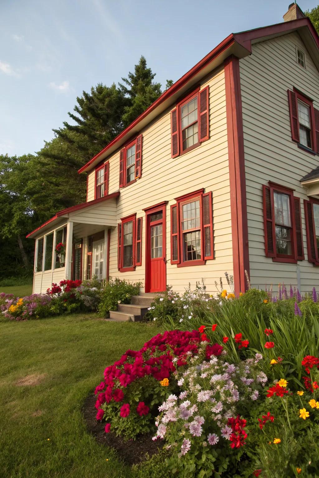 A striking pop of red trim gives this home a unique character.