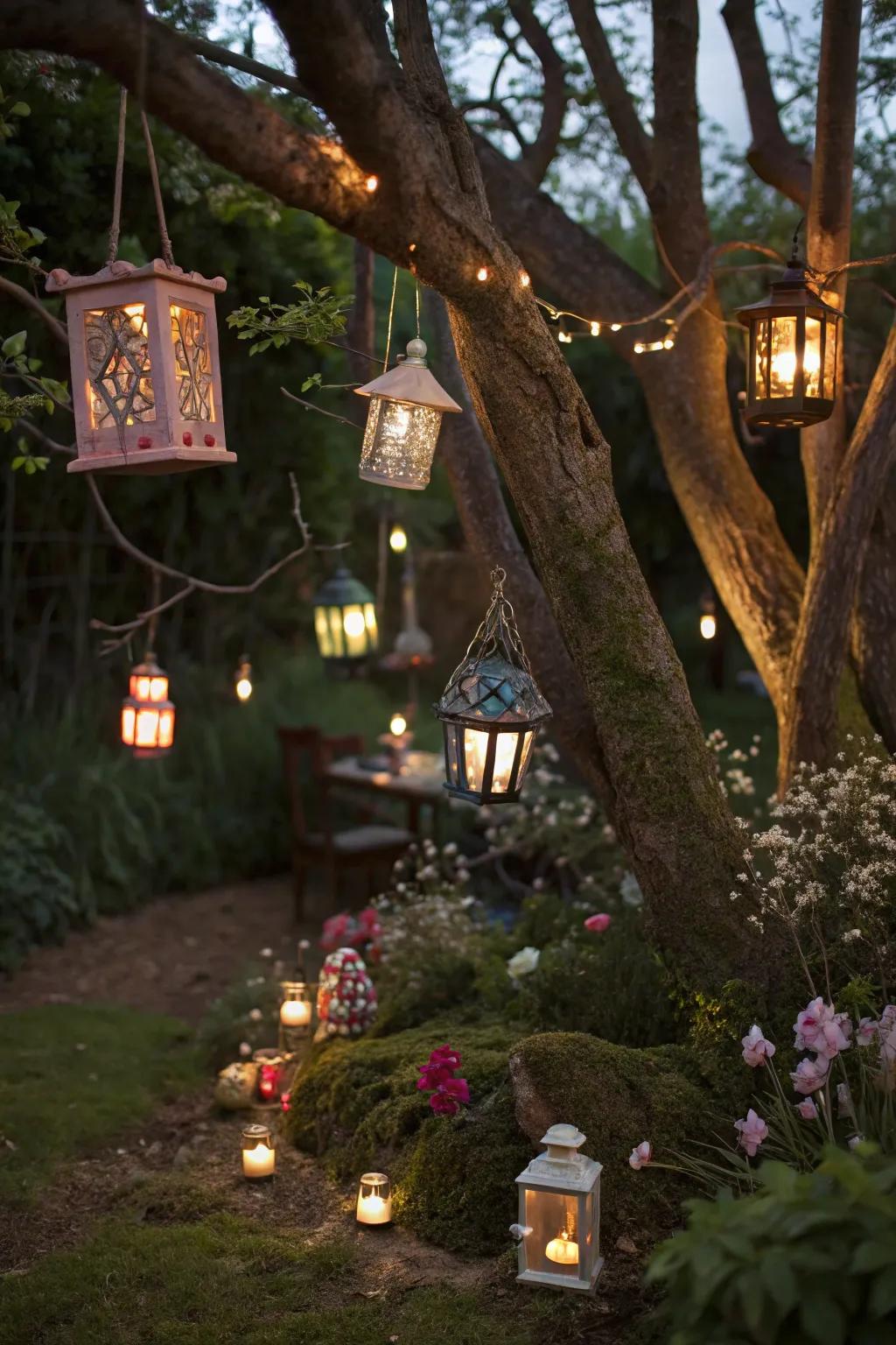 Lanterns create a magical ambiance as the sun sets.