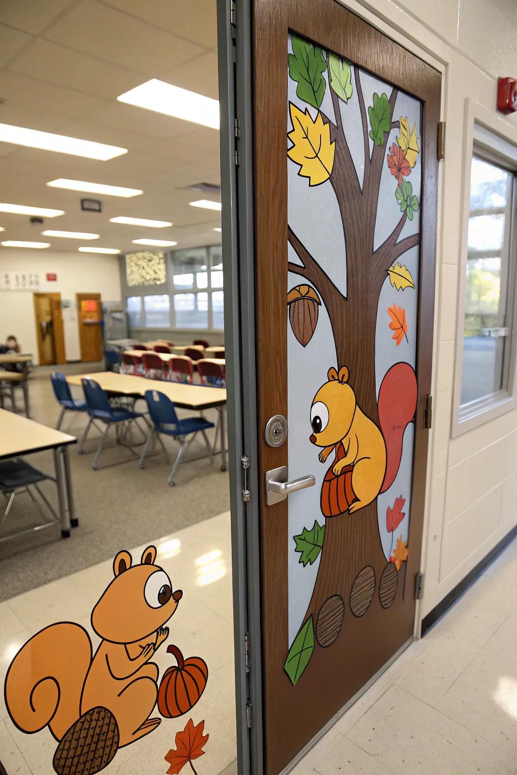 Interactive squirrel and acorn door decor.