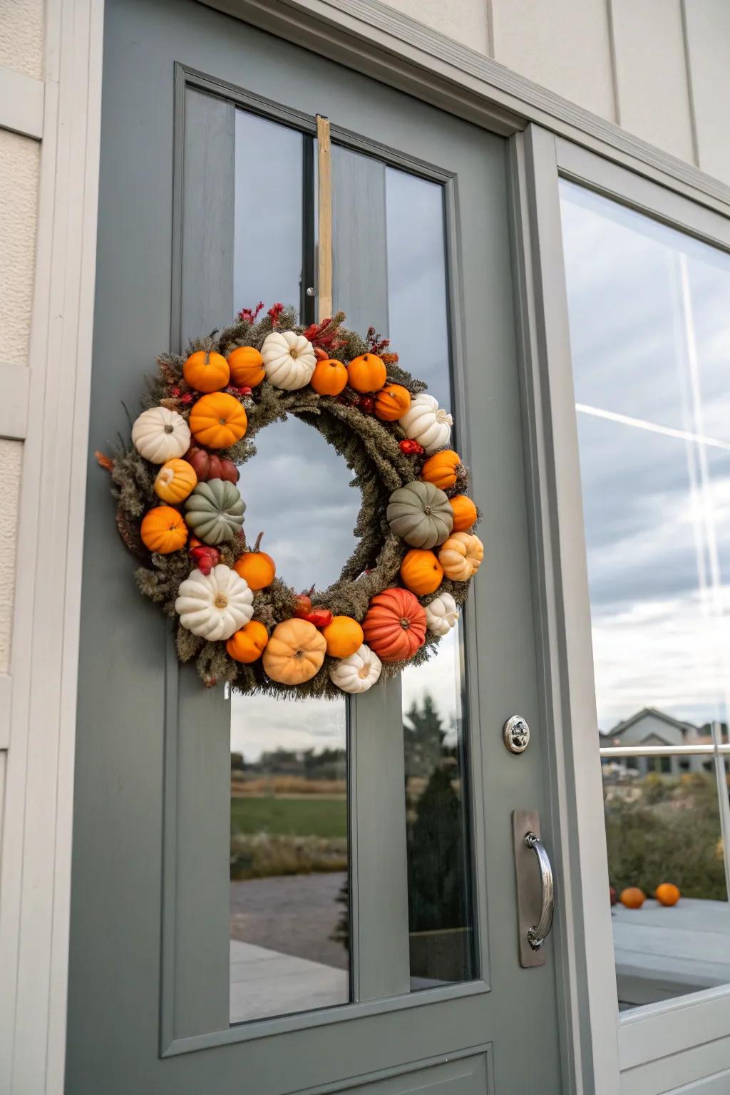 Mini pumpkins make for a cheerful and festive wreath.