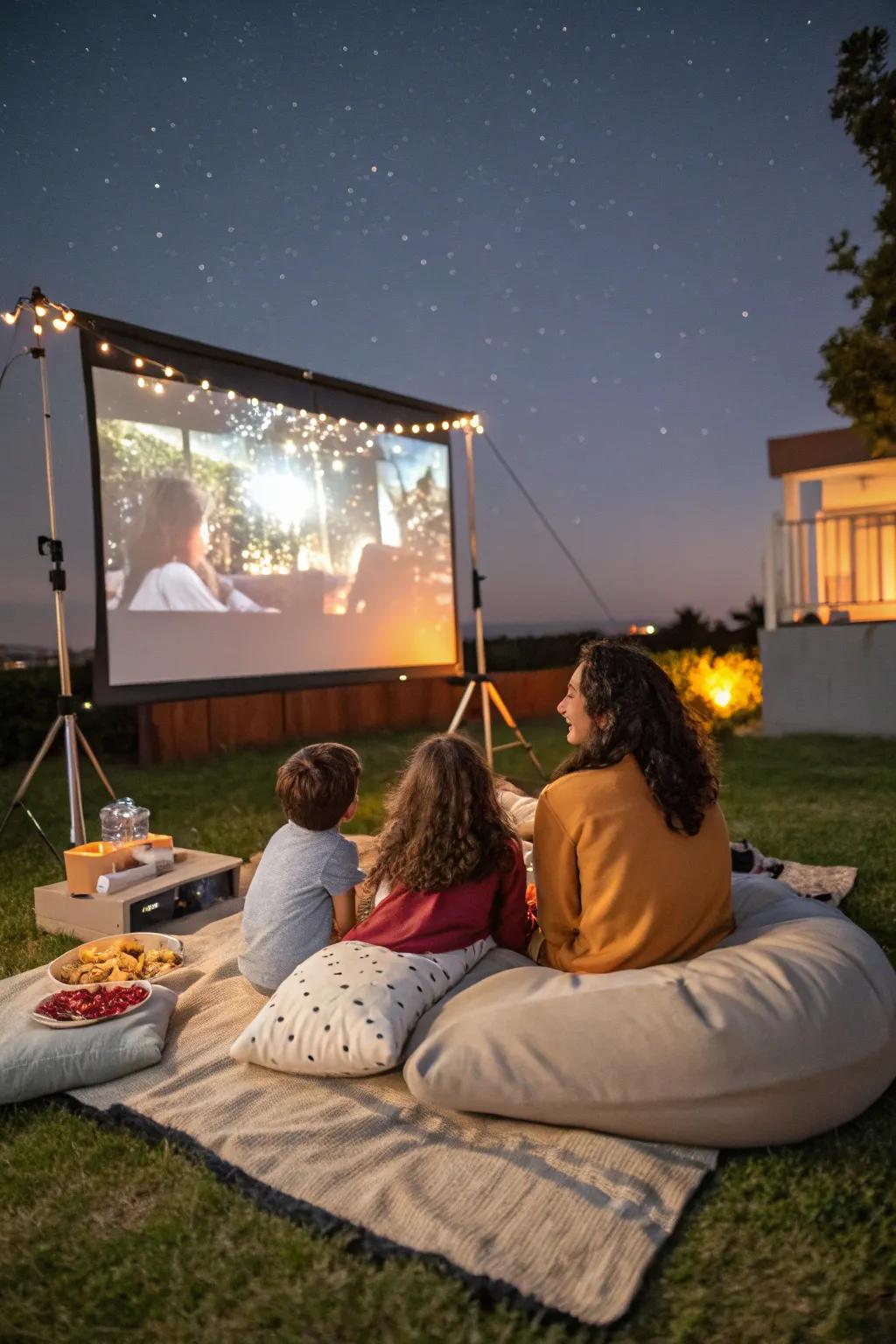 A delightful outdoor movie night setup in the backyard.