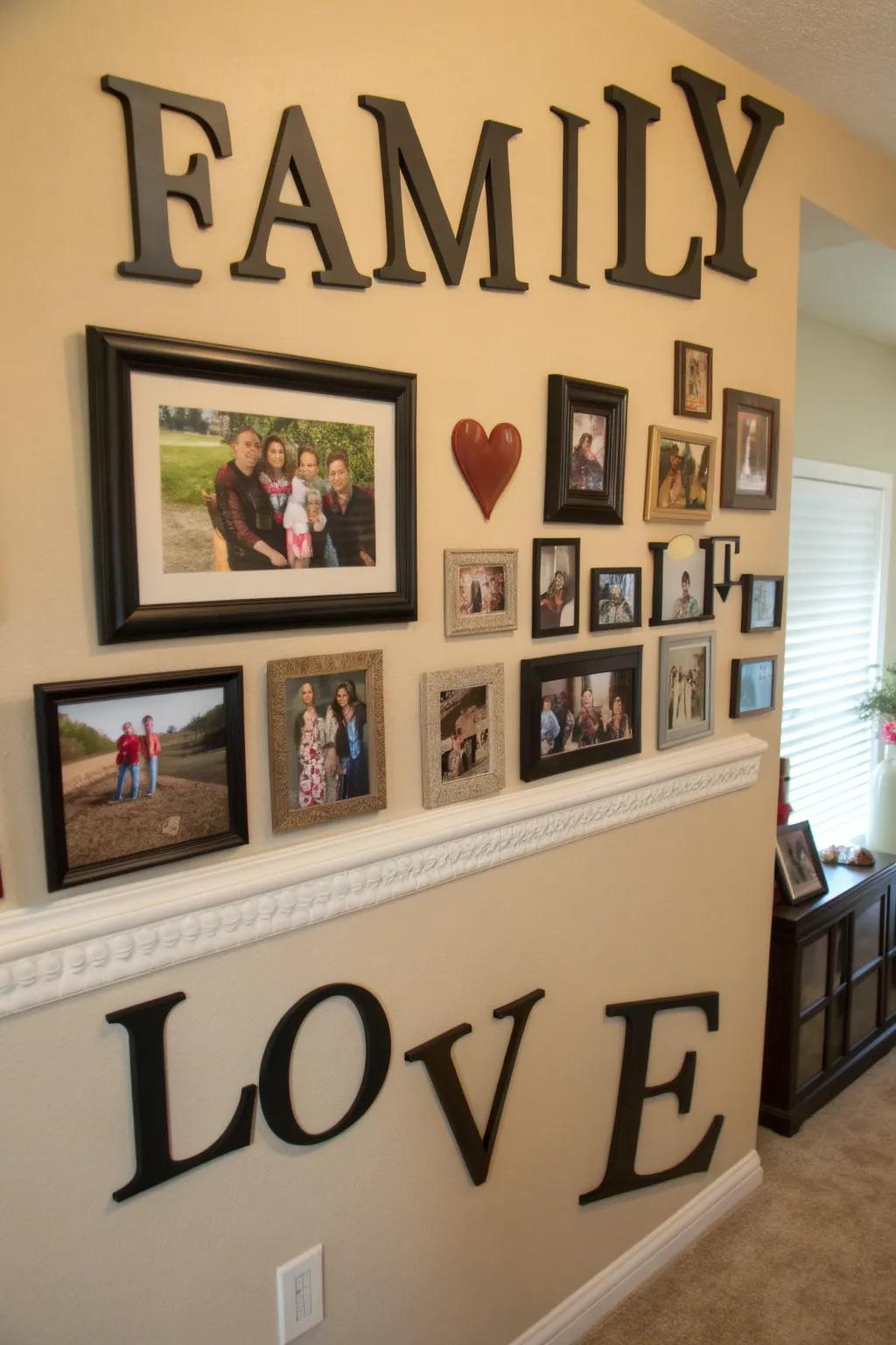 Sentimental wall decor featuring inspirational words and family photos.