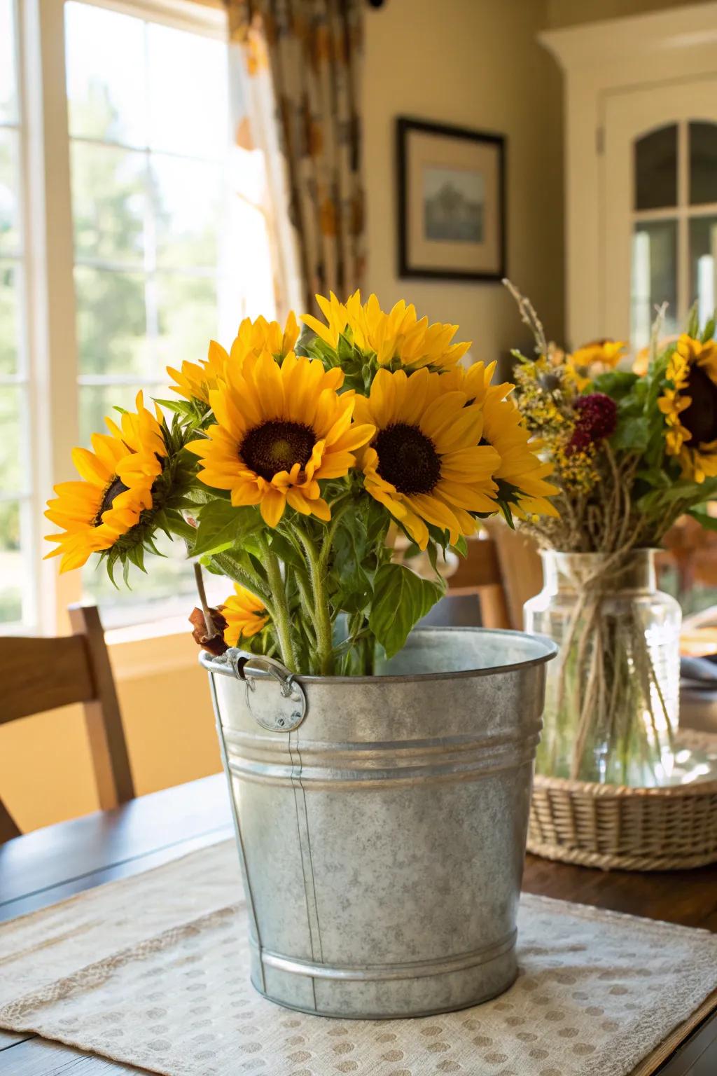 Sunflowers in a metal bucket bring a splash of sunshine indoors.