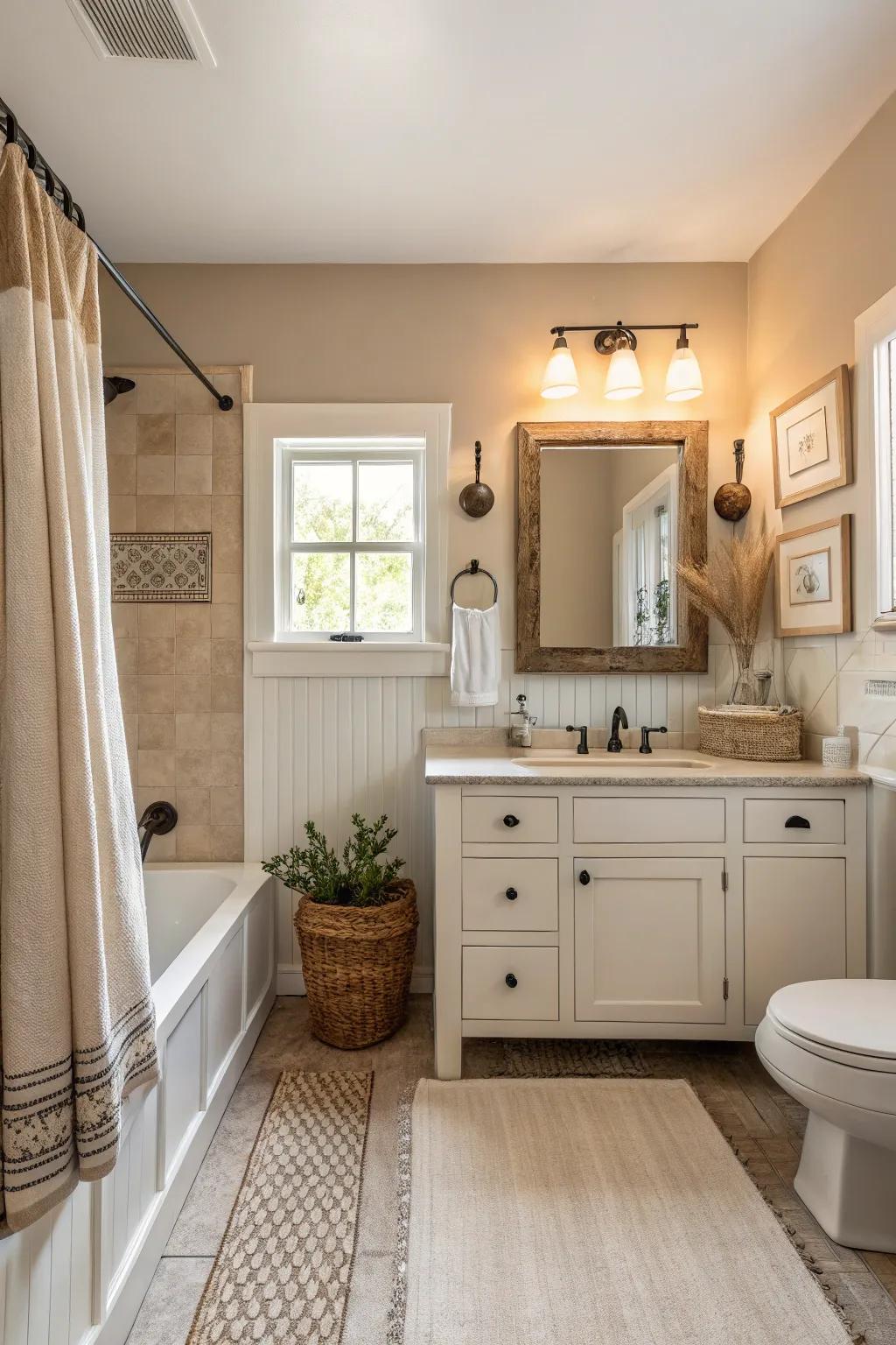 A neutral palette provides a calming ambiance in a farmhouse bathroom.