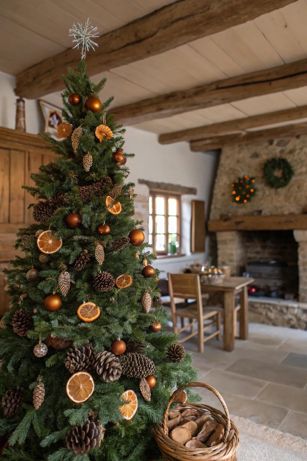 Nature-inspired accents enhance the rustic charm of this Christmas tree.