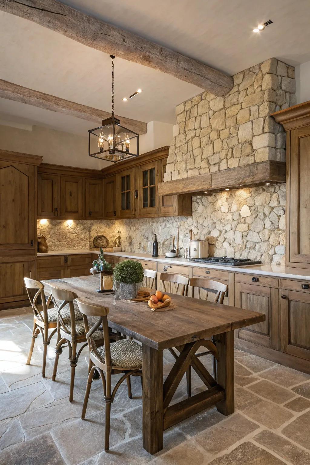 A farmhouse kitchen with a neutral stone mosaic backsplash.