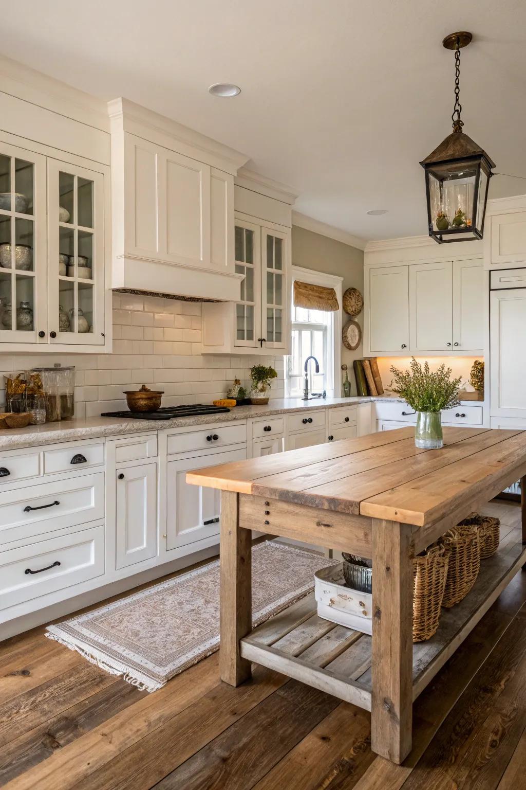 A farmhouse kitchen featuring white shaker-style cabinets.