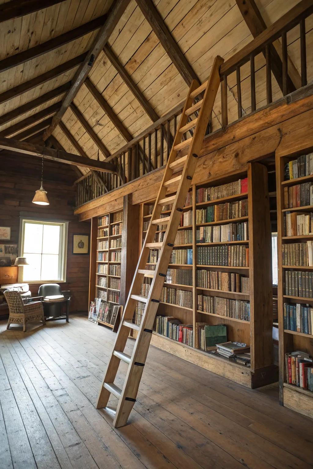 A rolling ladder provides access to high shelves and enhances the library's character.