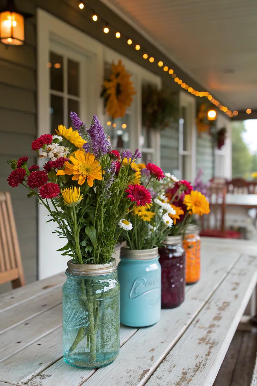 Mason jars filled with wildflowers offer a charming and budget-friendly centerpiece.