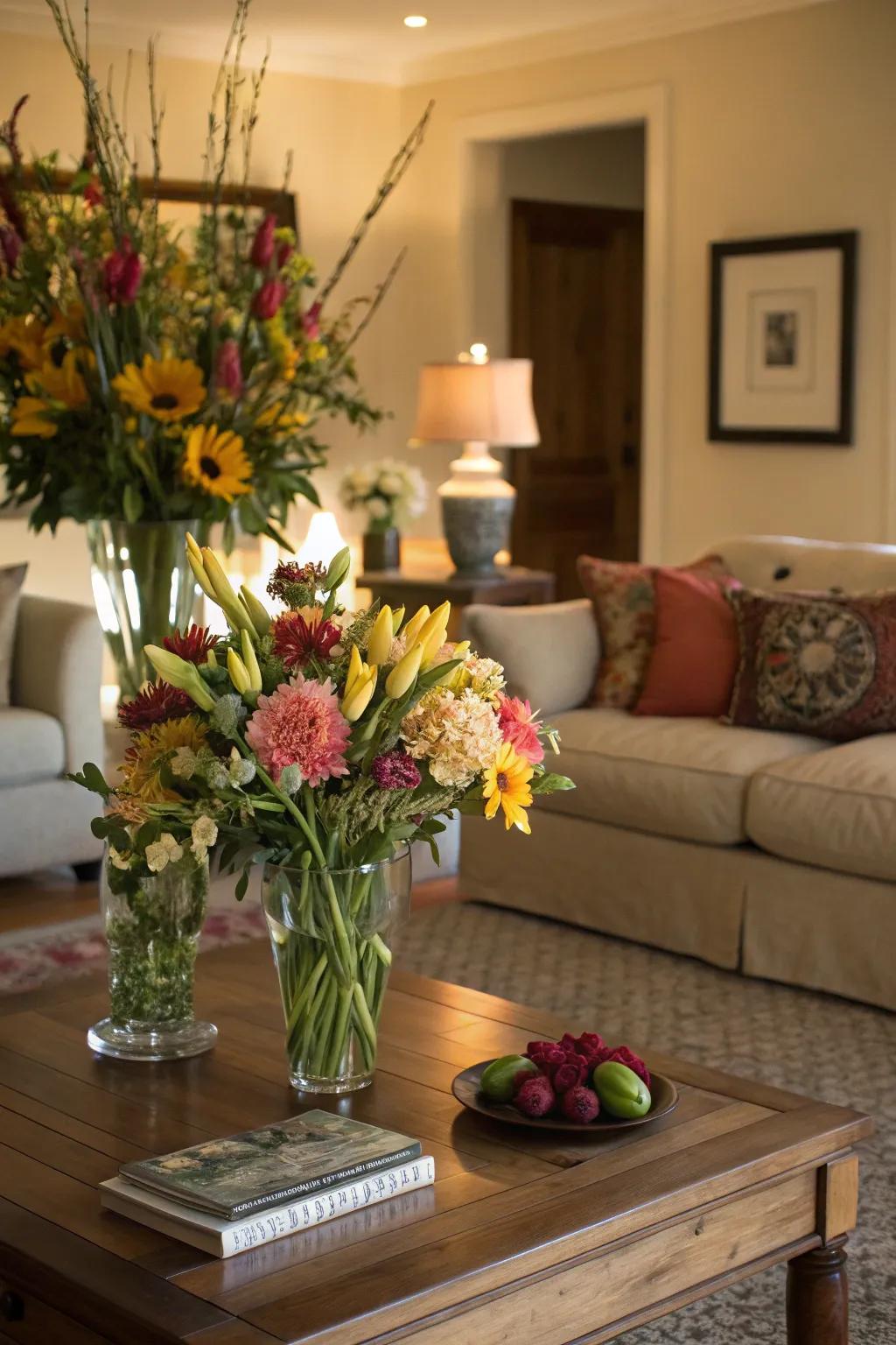 A living room brightened by elegant floral arrangements on the coffee table.