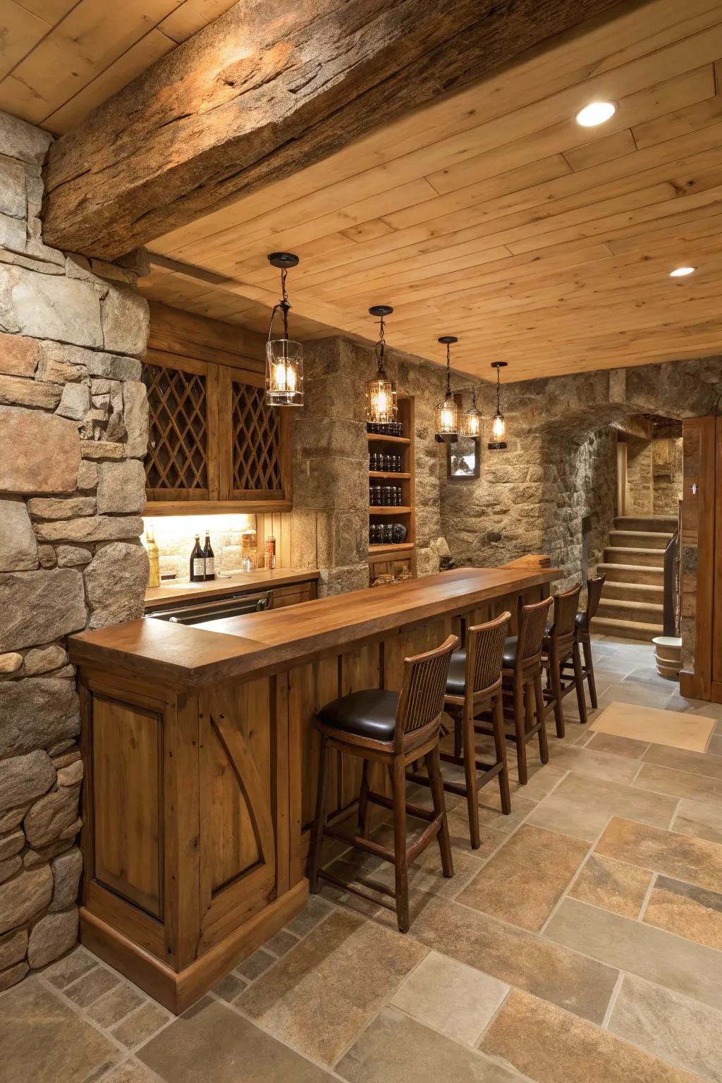 Bring the outdoors inside with a rustic retreat-style basement bar.