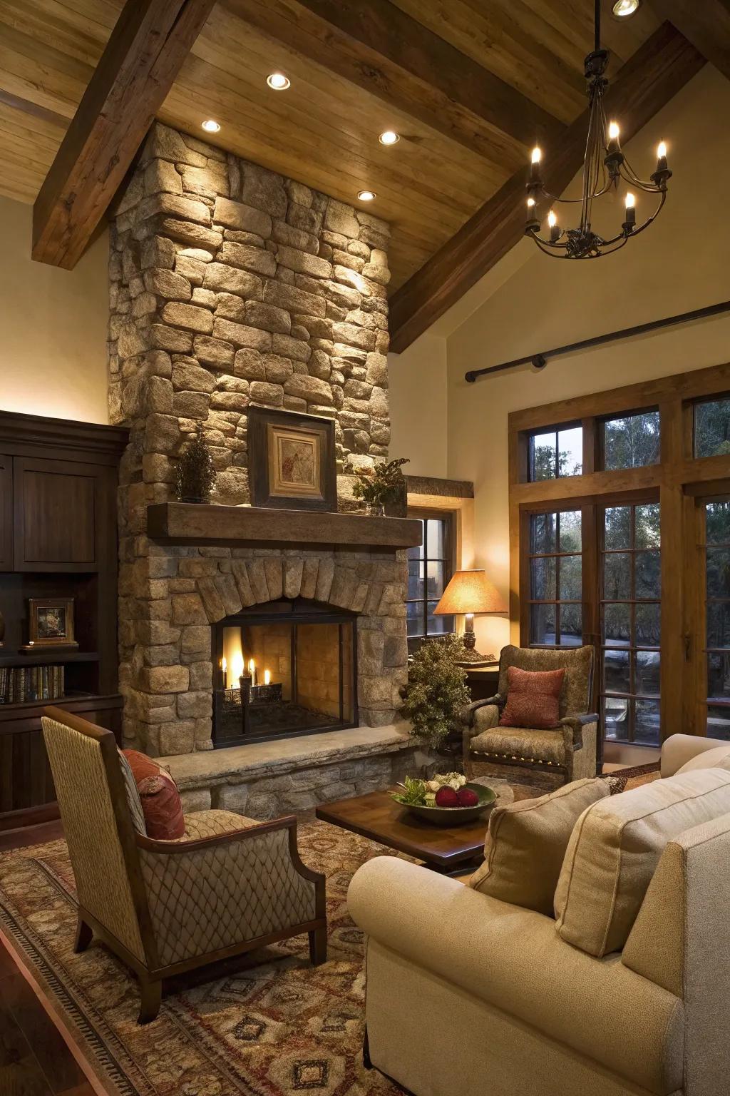 A traditional living room highlighted by a fireplace with stacked stone accents.