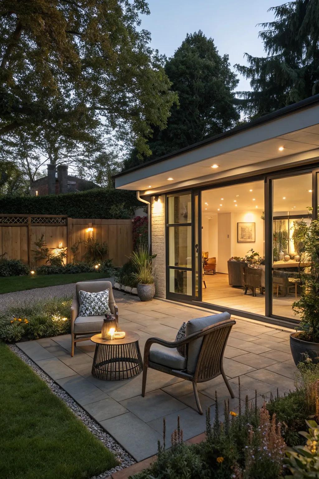 An outdoor entertainment area on a flat roof garage is perfect for hosting guests.