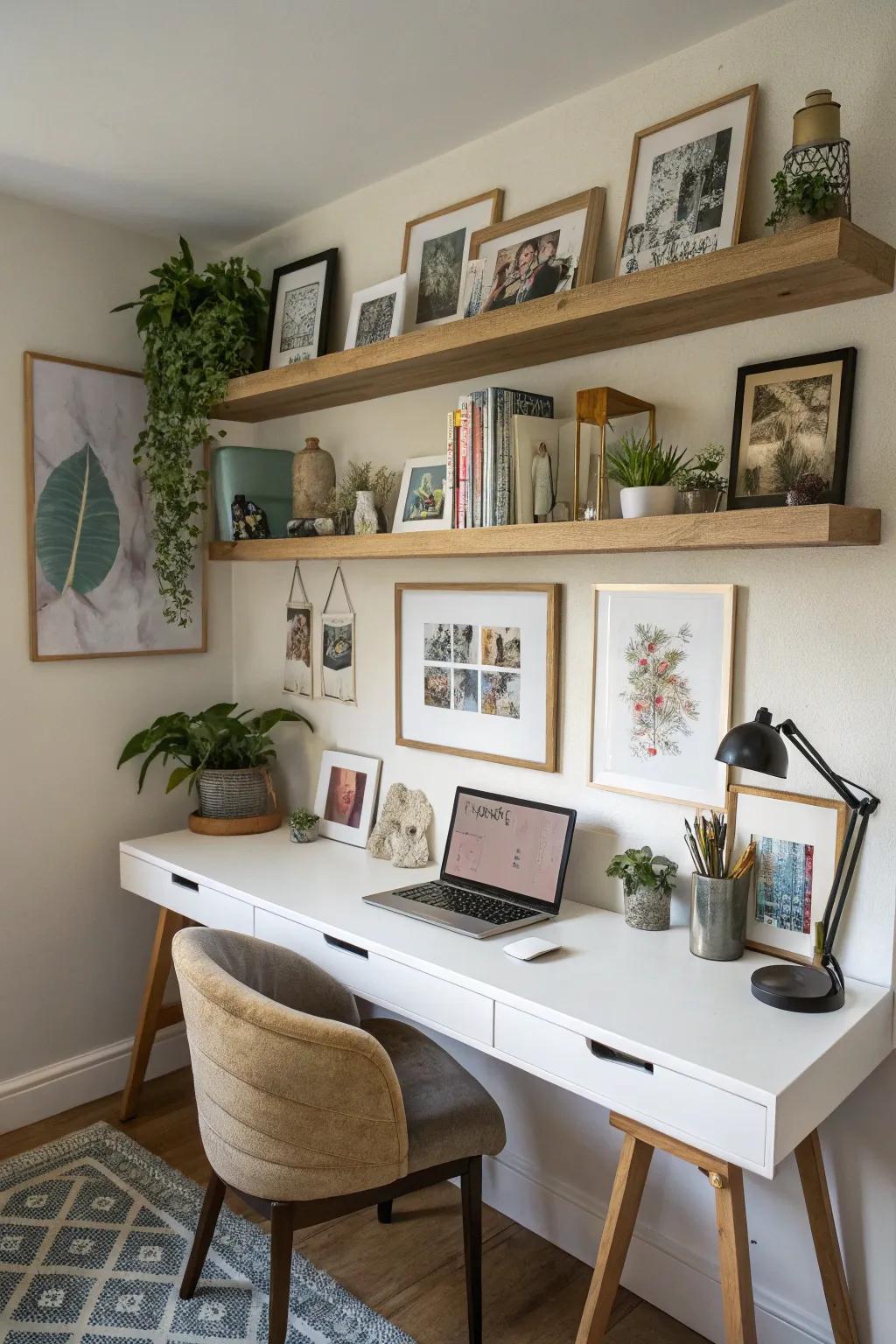 Personalize your workspace with artwork on floating shelves.